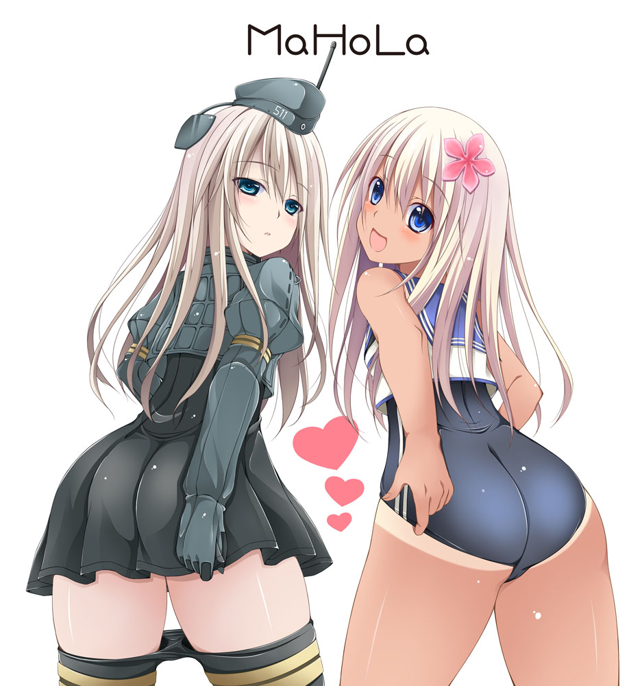 2girls ass blonde_hair blue_eyes crop_top cropped_jacket dual_persona flower from_behind garrison_cap hair_flower hair_ornament hat kantai_collection long_hair looking_back military military_uniform multiple_girls one-piece_tan pantyhose puffy_sleeves ro-500_(kantai_collection) sailor_collar school_swimsuit swimsuit swimsuit_under_clothes tan tanline tomosuke u-511_(kantai_collection) uniform