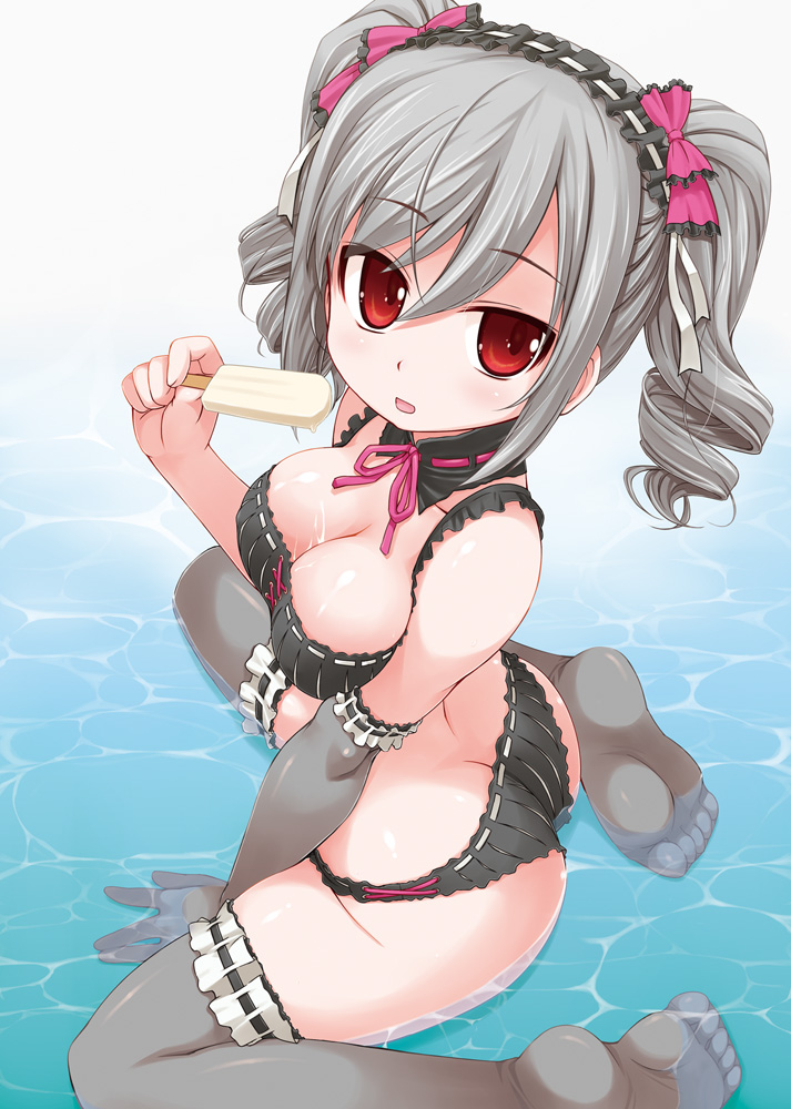 1girl bakutendou bikini grey_hair hair_ribbon hairband ice_cream idolmaster idolmaster_cinderella_girls kanzaki_ranko looking_at_viewer red_eyes ribbon smile solo source_request swimsuit thighhighs water