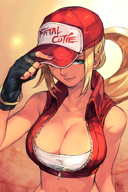 1girl baseball_cap blonde_hair blue_eyes bracelet breasts fatal_fury fingerless_gloves genderswap genderswap_(mtf) gloves hankuri hat jewelry large_breasts long_hair midriff pink_nails ponytail sidelocks sleeveless snk solo terry_bogard the_king_of_fighters upper_body zipper zipper_pull_tab