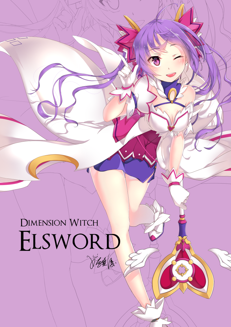1girl aisha_(elsword) bare_shoulders character_name dimension_witch_(elsword) elsword fujidouyuu gloves hair_ornament leaning_forward long_hair looking_at_viewer magical_girl one_eye_closed pointing purple_hair skirt smile solo twintails violet_eyes wand white_gloves wings