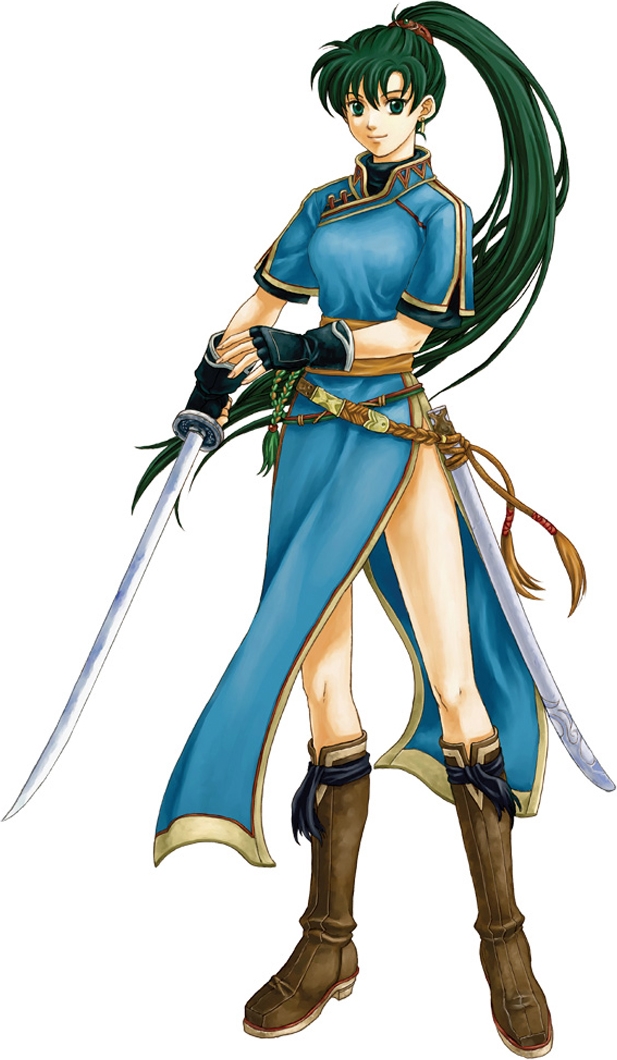 1girl fire_emblem fire_emblem:_rekka_no_ken green_eyes green_hair holding_sword holding_weapon long_hair looking_at_viewer lyndis_(fire_emblem) official_art ponytail simple_background smile solo very_long_hair white_background