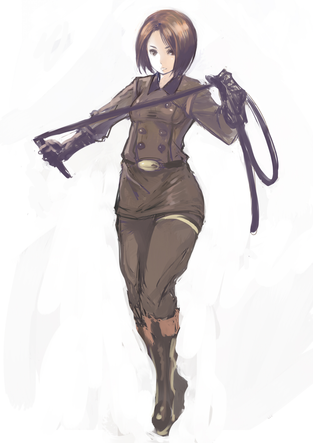 1girl belt_buckle black_gloves boots brown_eyes brown_hair gloves highres johan_(johan13) king_of_fighters military military_uniform revision short_hair small_breasts solo uniform whip whip_(kof)