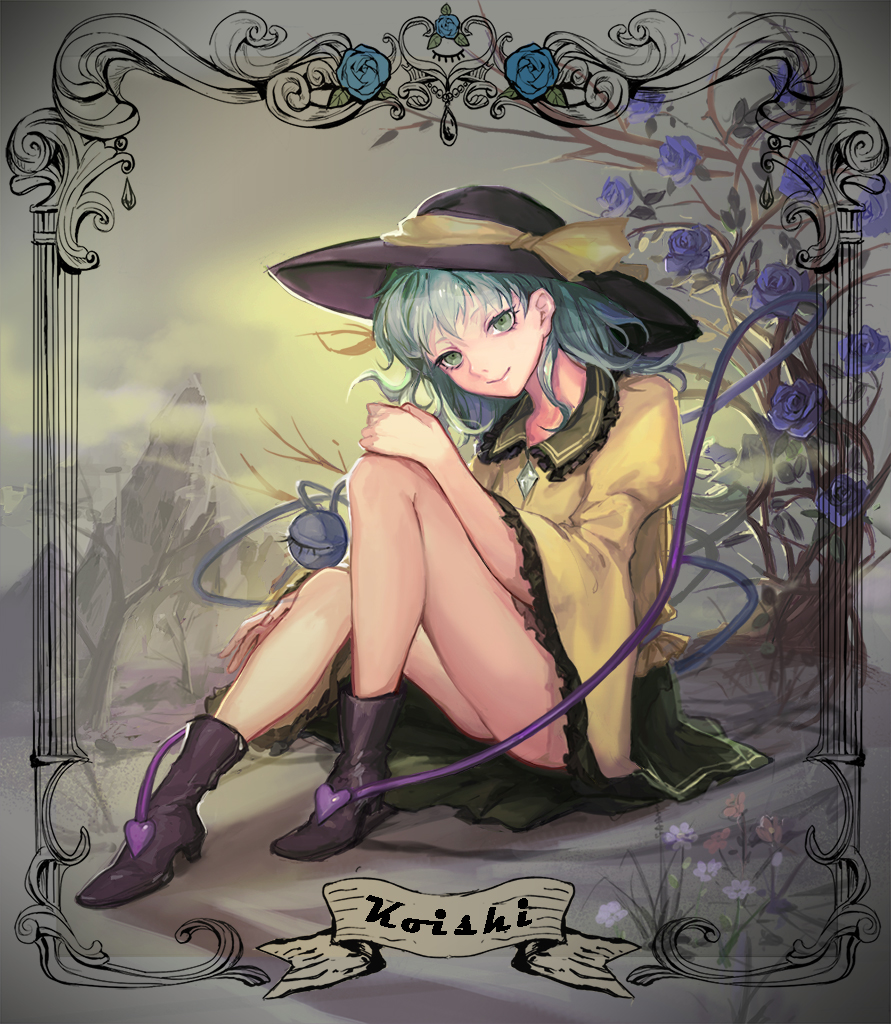 1girl boots character_name commentary_request flower green_bottomwear green_eyes green_hair green_skirt hat komeiji_koishi long_sleeves looking_at_viewer purple_rose rose shirt sitting skirt smile solo text third_eye touhou wide_sleeves xiezhua_(amyoy) yellow_shirt yellow_topwear