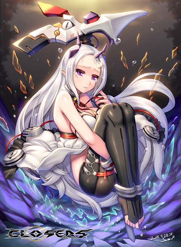 1girl babydoll bare_shoulders breasts closers ecell eggshell large_breasts leg_hug levia_(closers) long_hair ofuda parted_lips pointy_ears red_ribbon ribbon ribbon-trim silver_hair solo tears toeless_legwear violet_eyes weapon