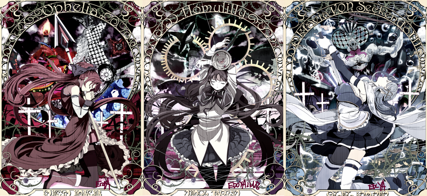 3girls akemi_homura armor art_nouveau bare_shoulders black_hair black_legwear blue_hair boots bow bubble candle cape closed_eyes cross detached_sleeves dual_persona edoya_inuhachi fire gears gloves hair_bow hair_ribbon hands_clasped hands_together hat homulilly horse japanese_clothes kimono kneeling long_hair madoka_runes magical_girl mahou_shoujo_madoka_magica mahou_shoujo_madoka_magica_movie mermaid miki_sayaka monster_girl multiple_girls oktavia_von_seckendorff ophelia_(madoka_magica) pantyhose polearm ponytail praying redhead ribbon sakura_kyouko shield short_hair spear spoilers stabbing string sword thigh-highs thorns tied_up weapon witch_(madoka_magica) witch_hat