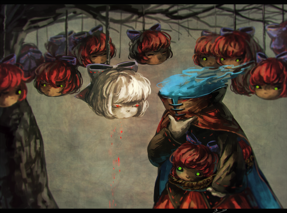 1girl albino blood blue_fire bow cape closed_eyes commentary_request disembodied_head dripping fire glowing glowing_eyes green_eyes hair_bow hanging_from_tree headless koto_inari odd_one_out red_eyes redhead sekibanki shirt silver_hair skirt too_many_heads touhou white_hair