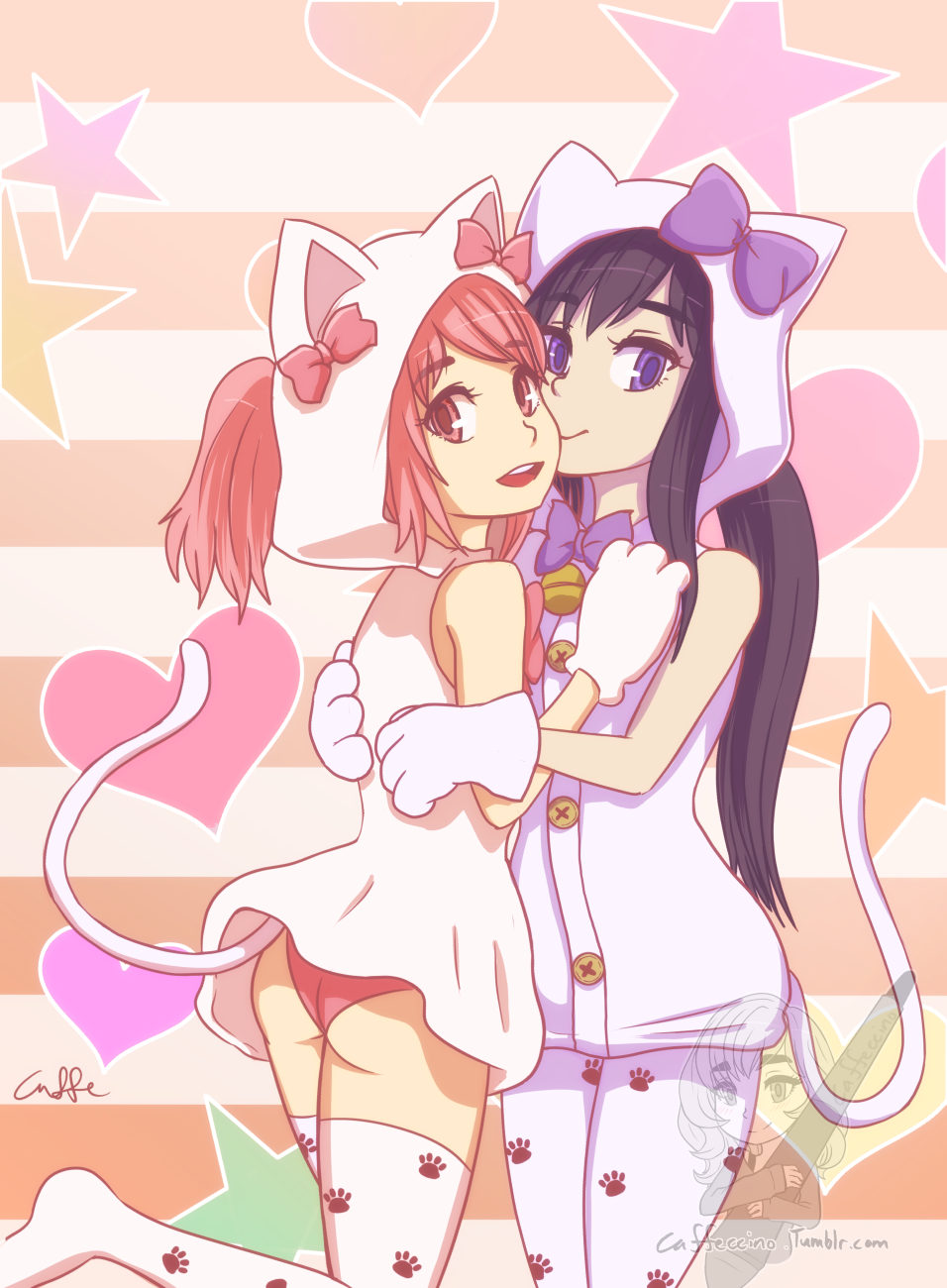 2girls akemi_homura ass bell black_hair bow caffeccino commentary_request heart highres hoodie hug jingle_bell kaname_madoka long_hair looking_at_viewer looking_back mahou_shoujo_madoka_magica multiple_girls open_mouth pajamas panties pantyshot paw_print pink_eyes pink_hair pink_panties short_twintails signature star striped striped_background tagme tail thigh-highs twintails underwear violet_eyes watermark yuri
