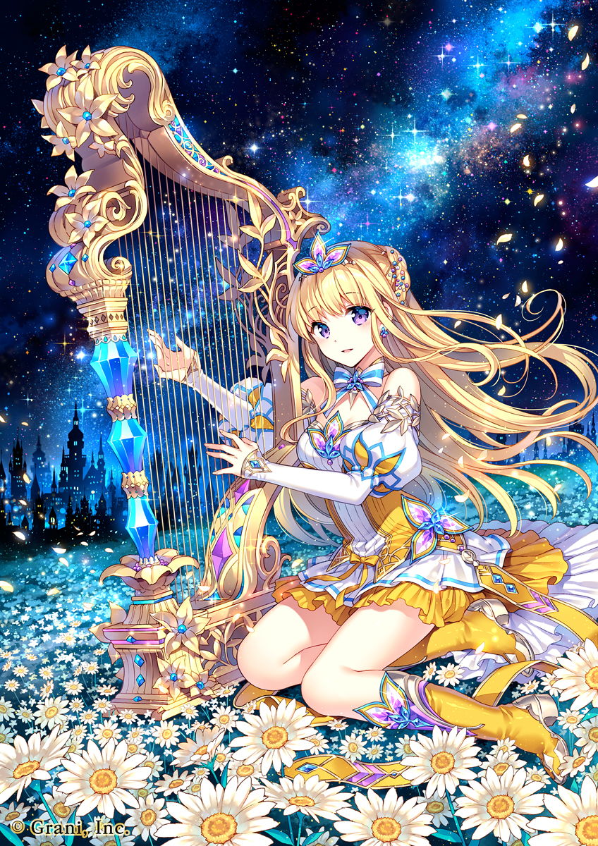 1girl bare_shoulders blonde_hair boots castle dress earrings field flower flower_field harp highres instrument jewelry juliet_sleeves layered_dress long_hair long_sleeves nardack night official_art original petals pink_eyes playing_instrument puffy_sleeves shingoku_no_valhalla_gate short_dress sky solo star_(sky) starry_sky tiara very_long_hair white_dress yellow_dress