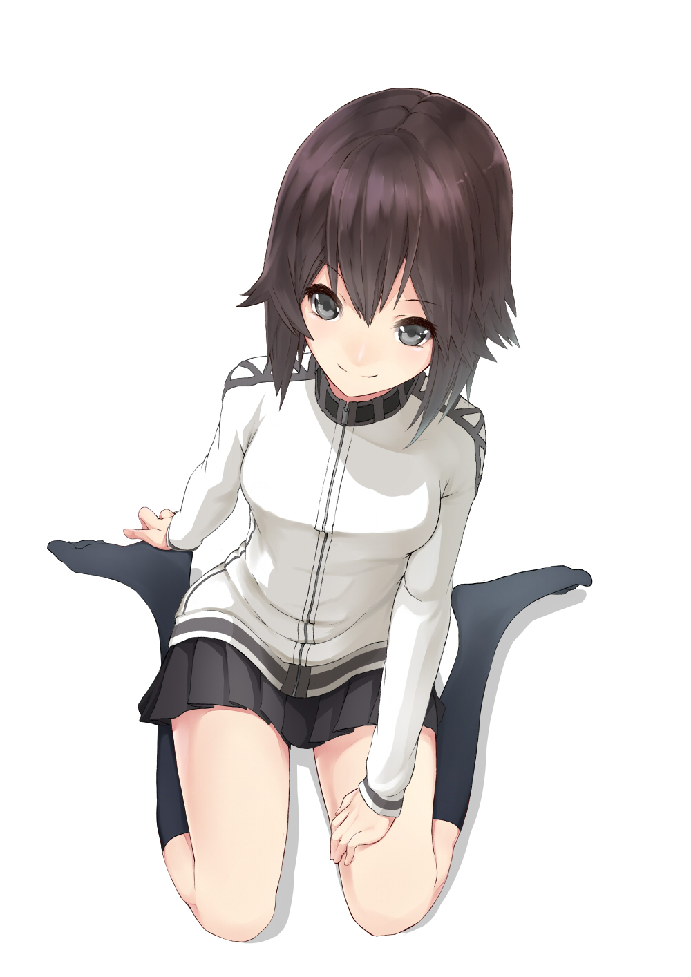 1girl aizawa_masaya black_hair black_legwear black_skirt blush from_above grey_eyes hayasui_(kantai_collection) highres kantai_collection kneehighs long_sleeves miniskirt pleated_skirt short_hair simple_background sitting skirt smile solo track_jacket turtleneck wariza white_background zipper