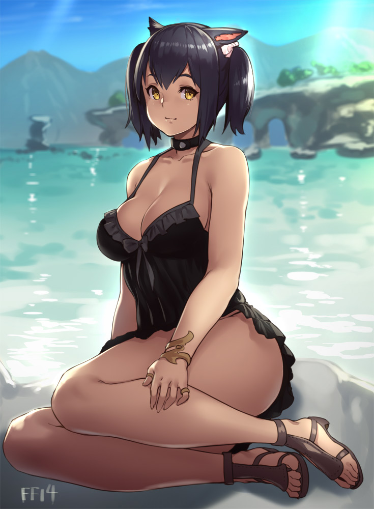 1girl animal_ears ass bare_arms bare_legs bent_knees black_dress black_hair breasts cat_ears choker cleavage dark_skin dress final_fantasy final_fantasy_xiv houtengeki looking_at_viewer miqo'te no_bra sandals short_dress short_hair short_twintails sitting smile solo thighs twintails water yellow_eyes