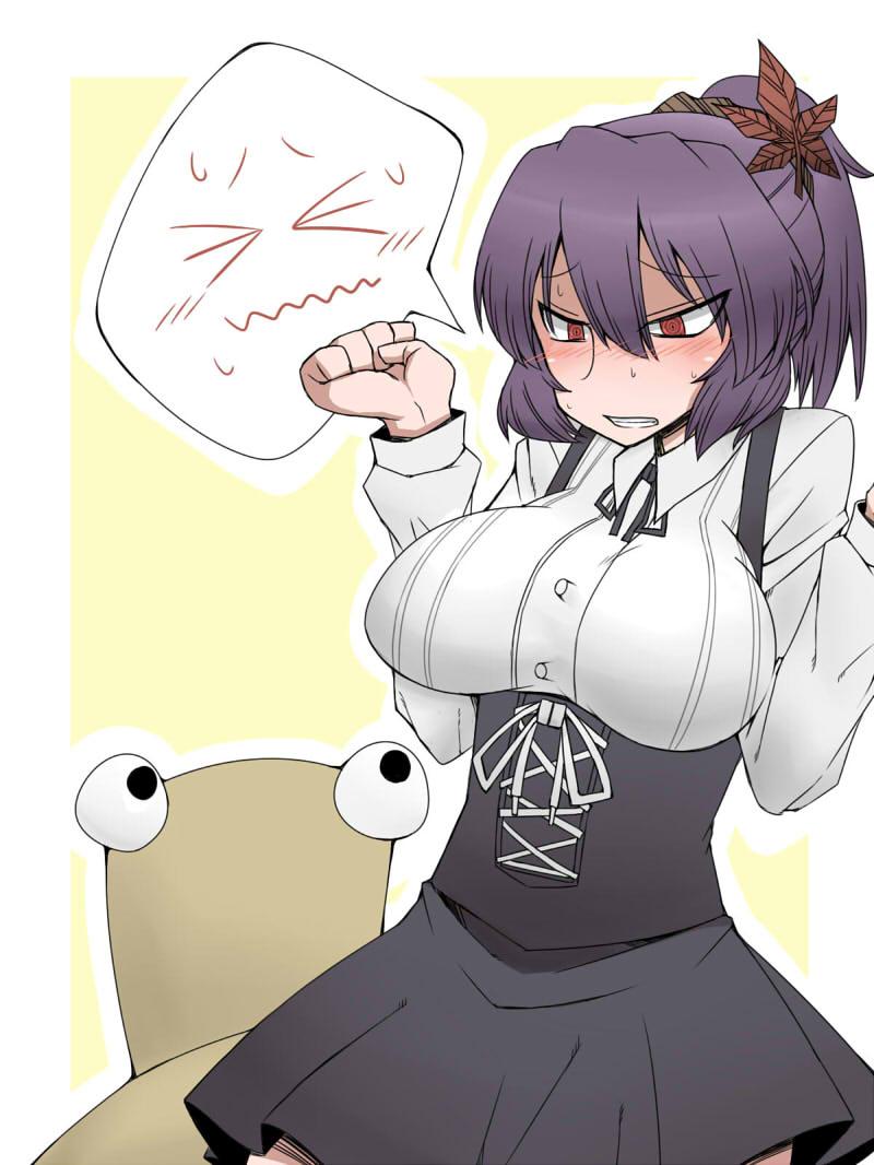 1girl alternate_costume blouse blush breasts dress embarrassed kuri_dora large_breasts long_sleeves purple_hair pyonta red_eyes speech_bubble spoken_expression touhou virgin_killer_outfit yasaka_kanako