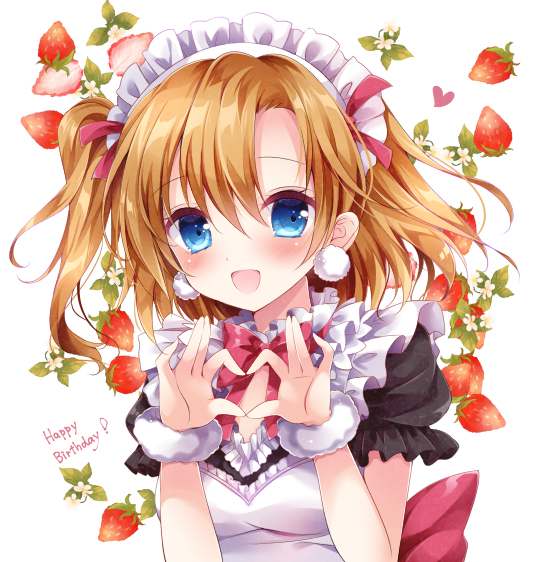 1girl :d bangs blue_eyes earrings food frilled_sleeves frills fruit happy_birthday heart heart_hands jewelry kousaka_honoka looking_at_viewer love_live!_school_idol_project maid maid_headdress mogyutto_"love"_de_sekkin_chuu! nogi_takayoshi open_mouth orange_hair parted_bangs puffy_short_sleeves puffy_sleeves short_sleeves side_ponytail smile solo strawberry strawberry_blossoms upper_body wrist_cuffs
