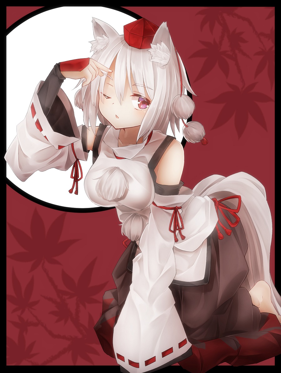 1girl animal_ears detached_sleeves gauntlets hat inubashiri_momiji long_sleeves looking_at_viewer minamina one_eye_closed open_mouth pink_eyes shirt silver_hair skirt solo tail tokin_hat touhou wide_sleeves wolf_ears wolf_tail