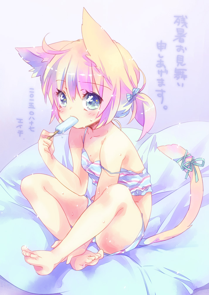 1girl animal_ears bare_arms bare_shoulders barefoot blonde_hair blue_eyes cat_ears cat_tail chemise ech indian_style off_shoulder original popsicle ribbon shirt shorts sitting sleeveless sleeveless_shirt solo strap_slip sweat tail tail_ribbon translated