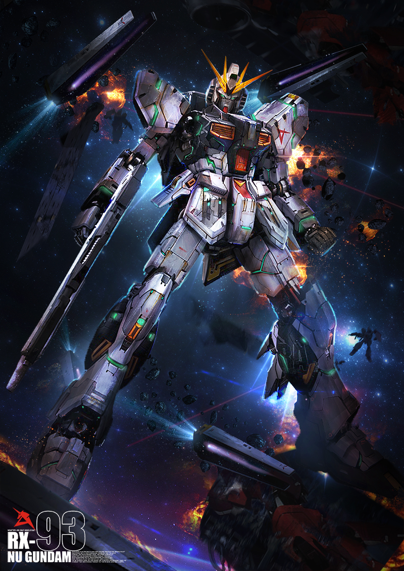 asteroid beam_rifle char's_counterattack daniel_kamarudin energy_gun explosions fin_funnels funnels gundam mecha no_humans nu_gundam weapon