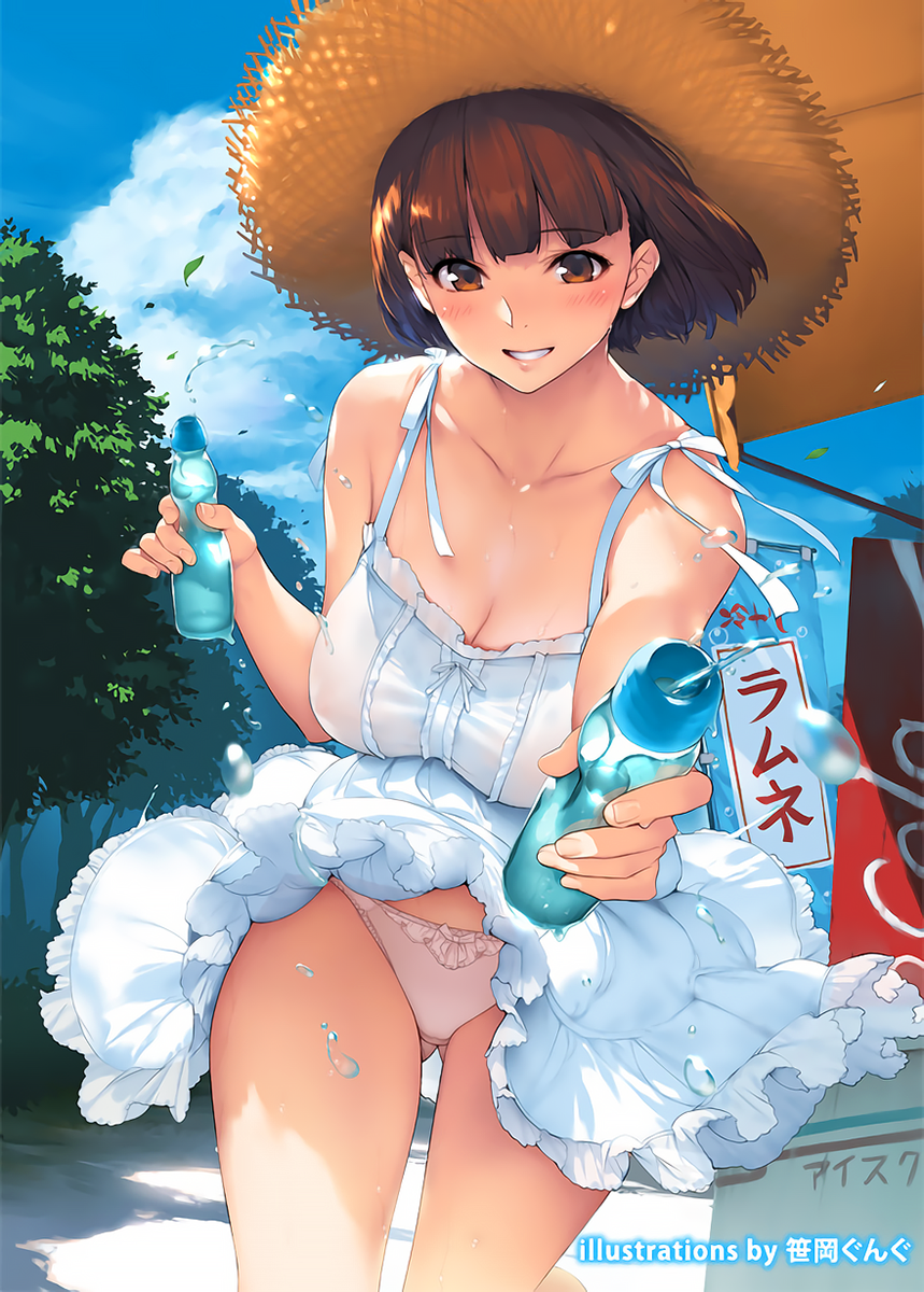 1girl artist_name ass_visible_through_thighs awning bangs banner blue_sky blunt_bangs blush bob_cut bottle bow bow_panties breasts brown_eyes brown_hair cleavage clouds collarbone dress dress_lift grin hands hat highres holding holding_bottle large_breasts leaf leaning_forward lips looking_at_viewer no_bra nobori offering_drink original outdoors outstretched_arm panties pantyshot pantyshot_(standing) pink_panties ramune sasaoka_gungu short_hair sky sleeveless sleeveless_dress smile solo spaghetti_strap spilling standing straw_hat sun_hat sweat thighs tree underwear watermark white_dress wind wind_lift