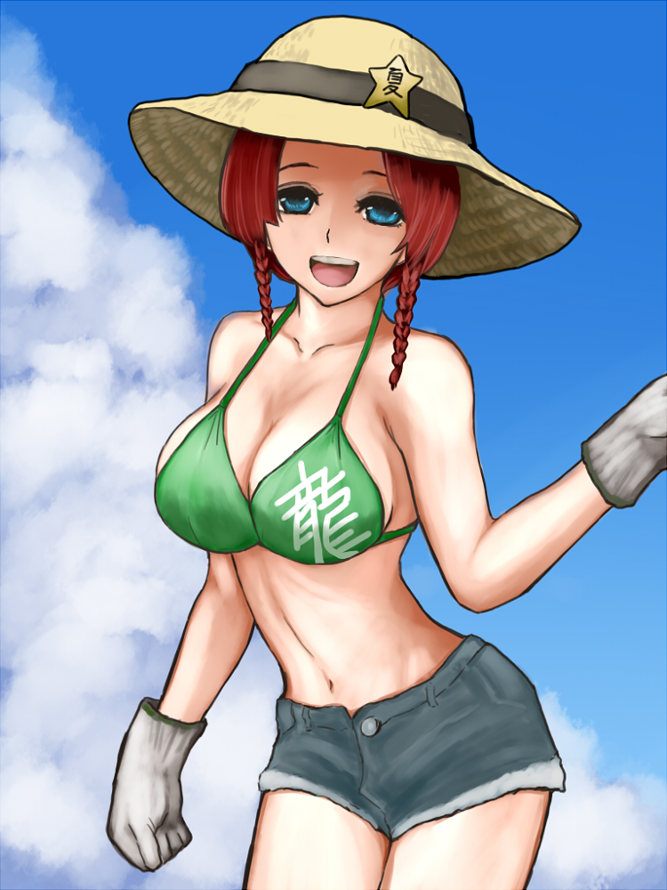 1girl alternate_costume bare_shoulders blue_eyes braid breasts crop_top denim denim_shorts gloves hat hibino_nozomu hong_meiling large_breasts long_hair looking_at_viewer midriff open_mouth redhead shorts straw_hat touhou twin_braids white_gloves