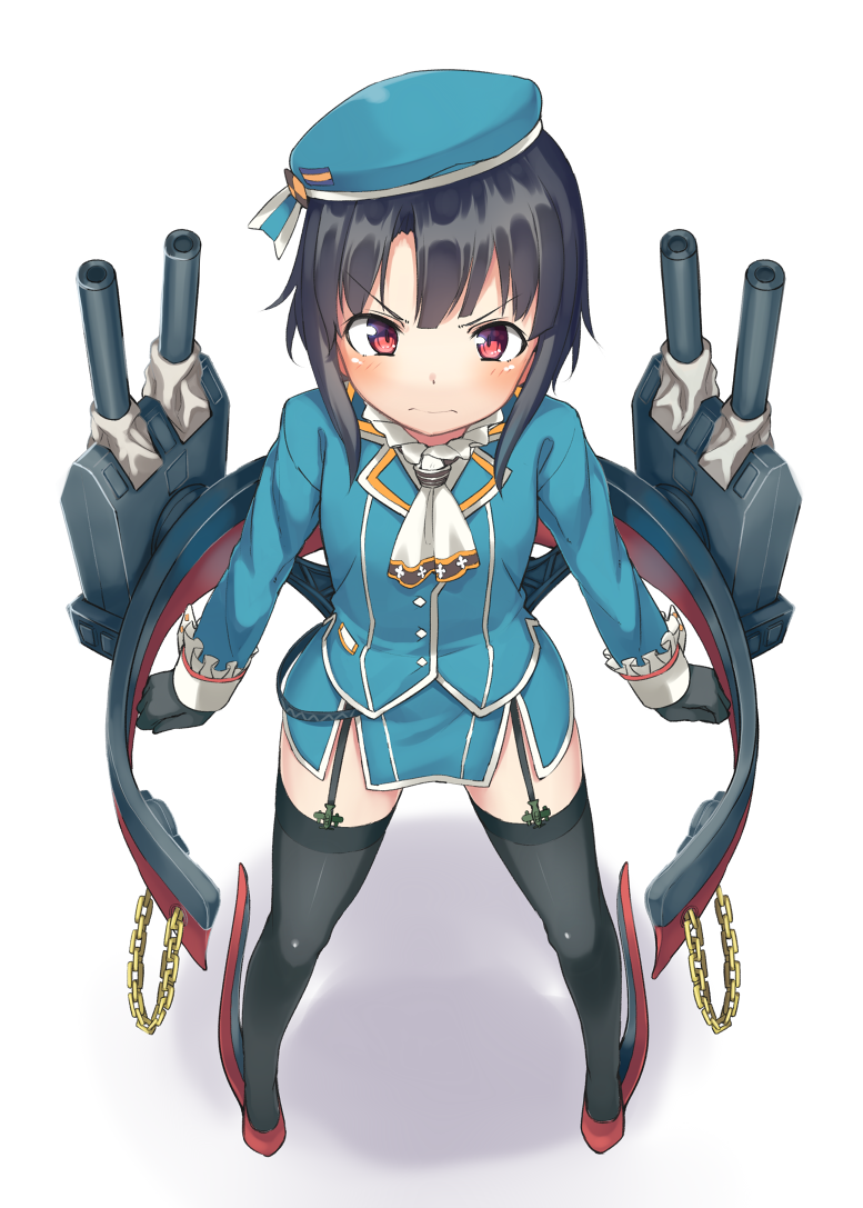 &gt;:( 1girl ascot beret black_gloves black_hair black_legwear blue_skirt clenched_hands foreshortening from_above frown full_body furrowed_eyebrows gloves hat kantai_collection long_sleeves looking_at_viewer machinery military military_uniform short_hair side_slit simple_background skirt solo standing takao_(kantai_collection) thigh-highs u_(mikaduki0720) uniform white_background younger
