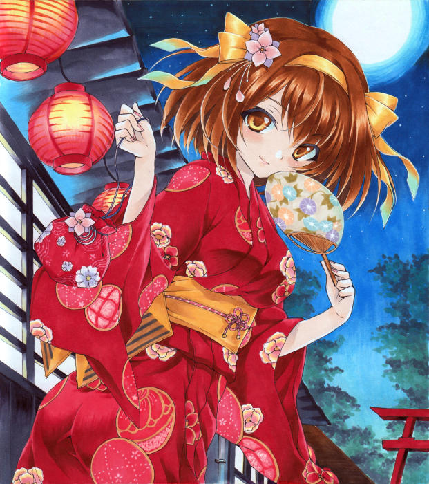 1girl brown_eyes brown_hair hairband hat japanese_clothes kimono lantern ren_(endscape20) short_hair suzumiya_haruhi suzumiya_haruhi_no_yuuutsu traditional_media yukata