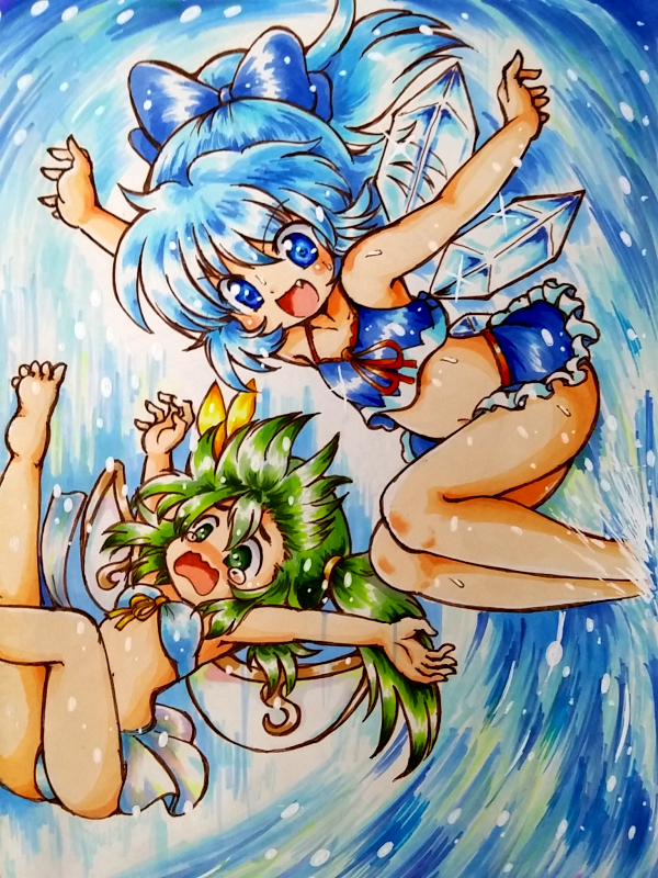 2girls arms_up blue_eyes blue_hair bow cirno daiyousei fallen_down fang green_eyes green_hair hair_bow ice ice_wings multiple_girls ponytail side_ponytail surfing tears touhou vu_(oyavun) waves wavy_mouth wings