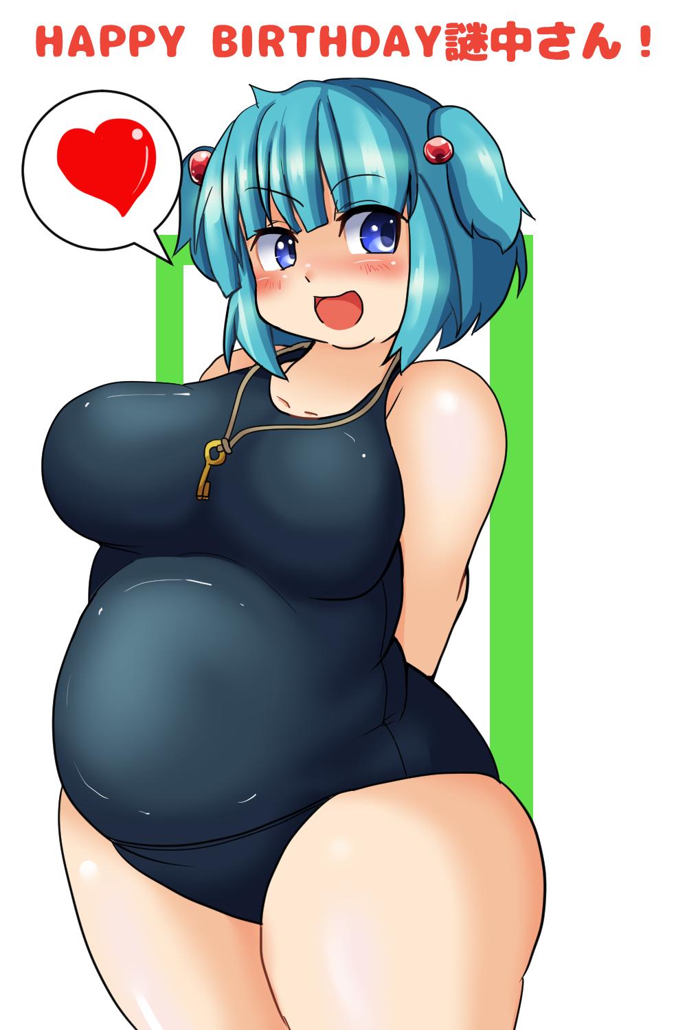 1girl :d arms_behind_back bare_shoulders blue_eyes blue_hair blush breasts fat fat_folds hair_bobbles hair_ornament heart highres kawashiro_nitori key key_necklace large_breasts looking_at_viewer nerizou one-piece_swimsuit open_mouth short_hair smile solo spoken_heart swimsuit thick_thighs thighs touhou two_side_up