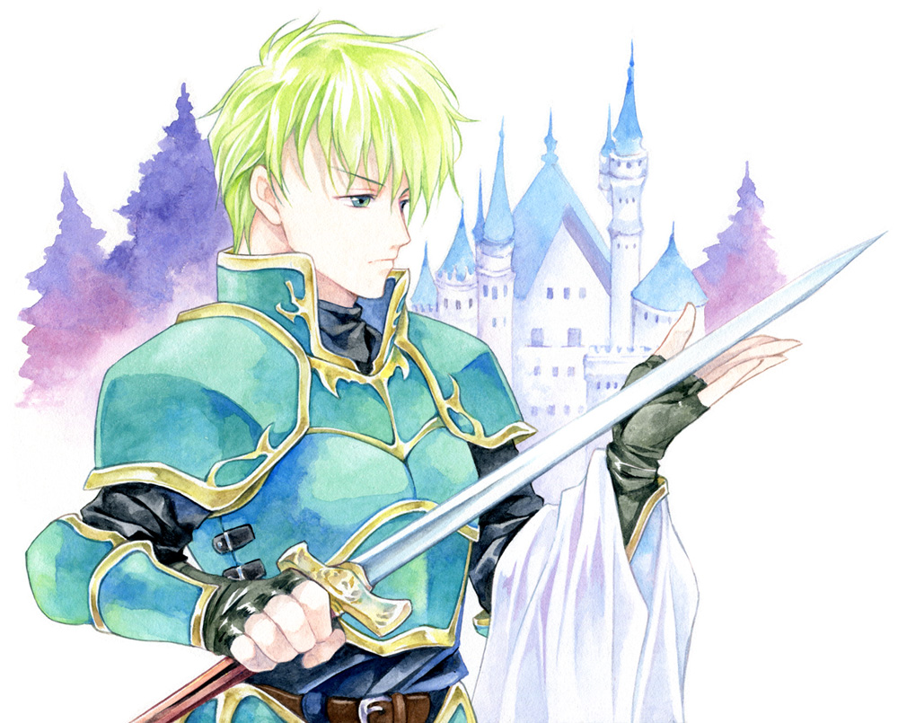 1boy agahari armor fire_emblem fire_emblem:_fuuin_no_tsurugi gloves green_eyes green_hair lance_(fire_emblem) solo sword weapon white_background