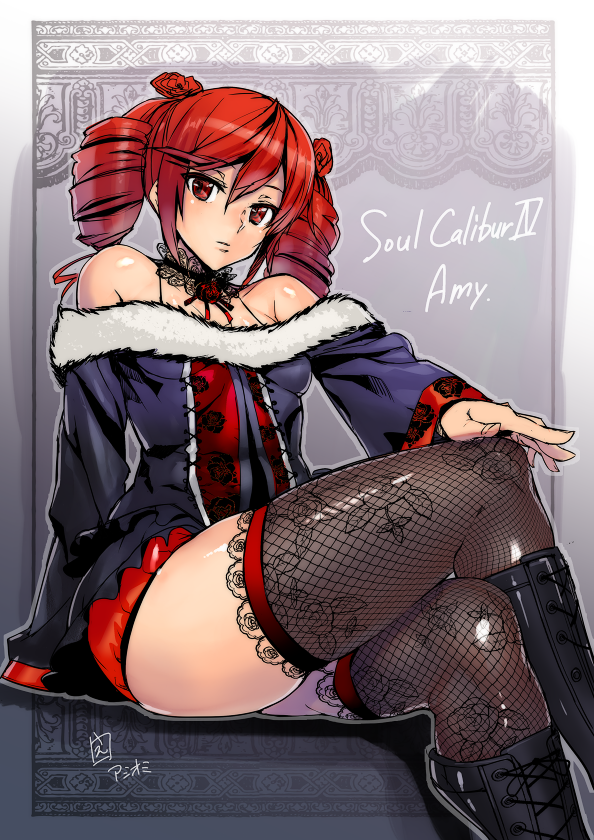 1girl amy_sorel ashiomi_masato bare_shoulders boots character_name choker copyright_name crossed_legs drill_hair fishnet_legwear fishnets looking_at_viewer redhead sitting solo soulcalibur soulcalibur_iv thigh-highs twin_drills