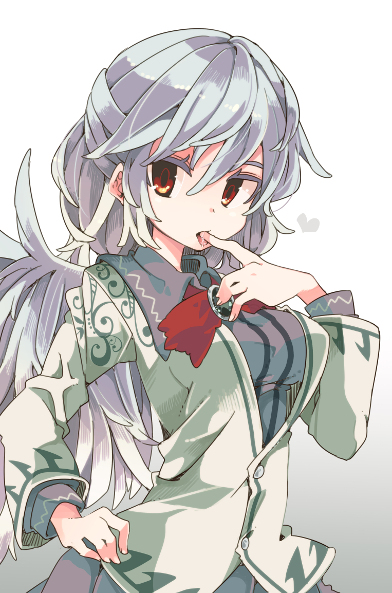 1girl bow bowtie dress finger_licking hand_on_hip heart jacket kishin_sagume licking long_sleeves looking_at_viewer open_mouth purple_dress red_eyes saliva short_hair silver_hair single_wing solo touhou wings yoshinaga_p