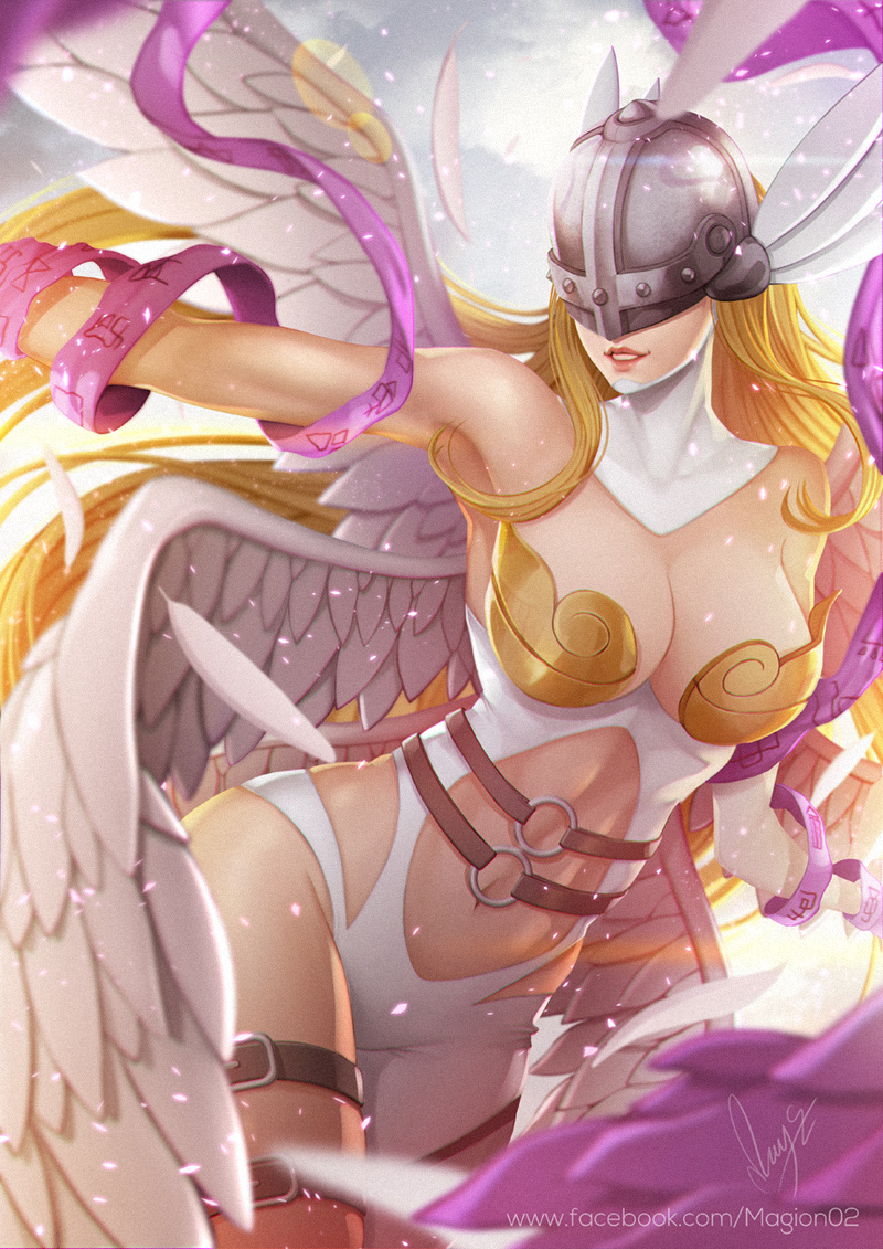 1girl angel_wings angewomon armpits bare_shoulders belt breasts cleavage covered_eyes digimon helmet_over_eyes hips magion02 navel o-ring signature smile solo watermark web_address wings