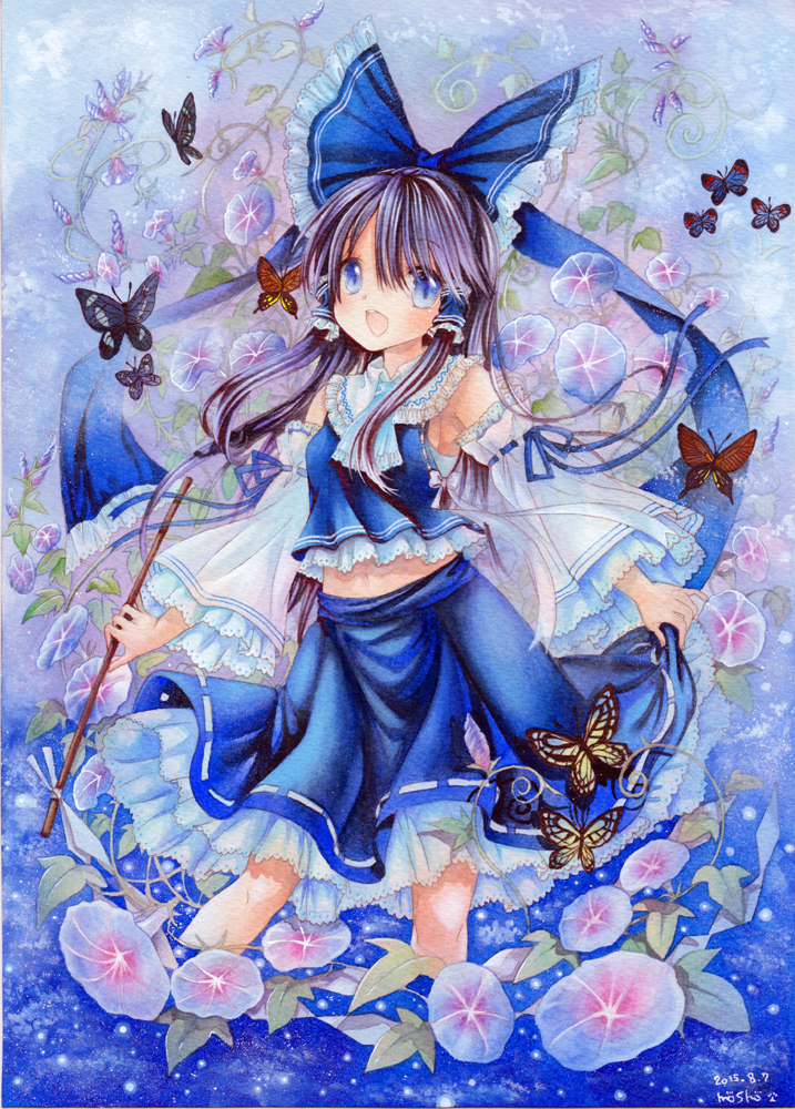 1girl alternate_color black_hair blue_eyes bow butterfly detached_sleeves flower gohei hair_bow hair_tubes hakurei_reimu long_hair long_sleeves looking_at_viewer mosho multiple_girls navel open_mouth player_2 shirt skirt skirt_set smile solo touhou traditional_media very_long_hair wide_sleeves