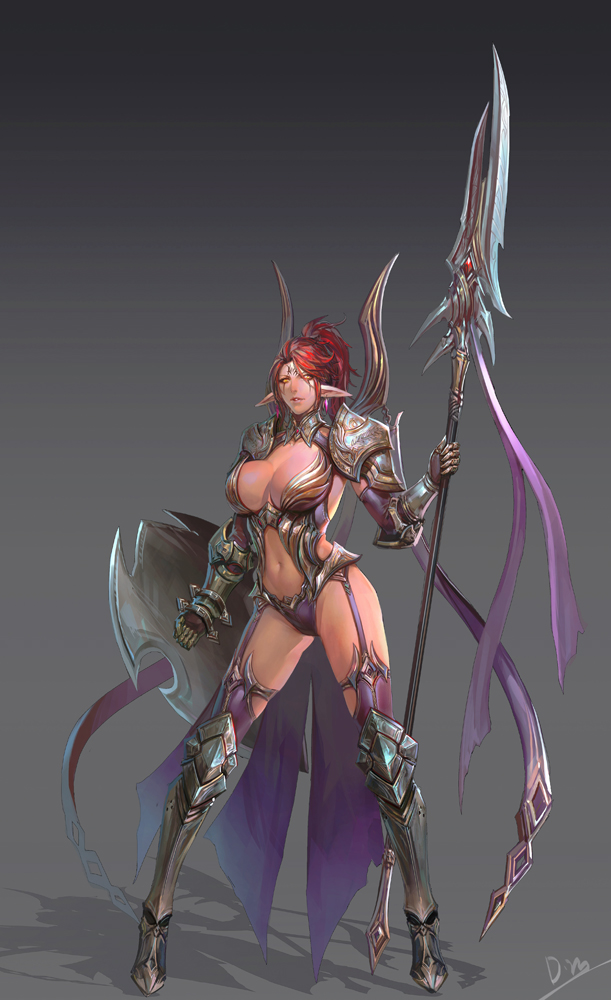 armor breasts elf huge_breasts navel pauldrons pointy_ears polearm ponytail redhead shield smjim1986 thigh-highs weapon