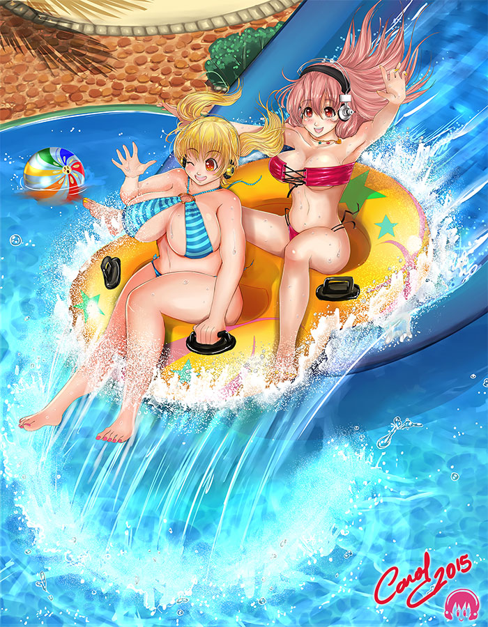 armpits bandeau bikini blonde_hair blush breasts carolriverart cleavage front-tie_top headphones huge_breasts innertube large_breasts long_hair navel nitroplus o-ring_top open_mouth orange_eyes pink_hair plump red_eyes short_hair smile strapless super_pochaco super_sonico swimsuit tubetop twintails water_slide wink