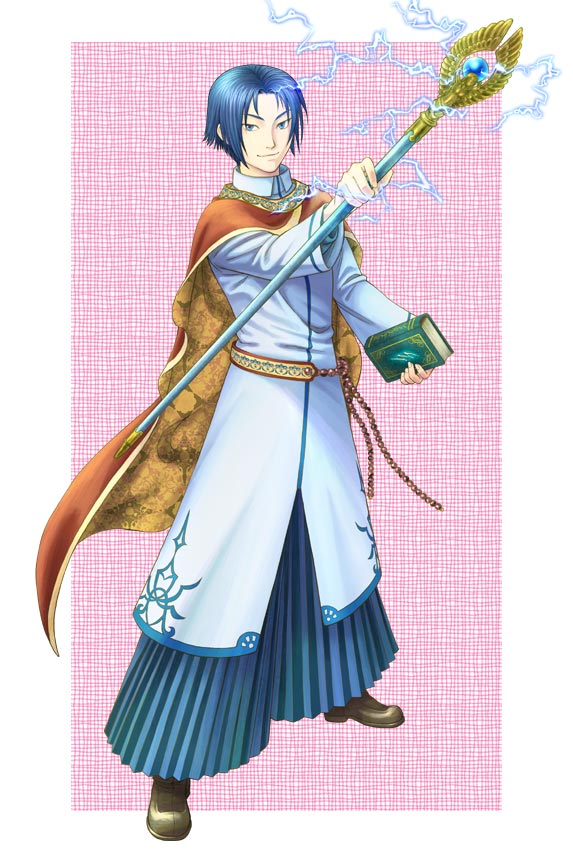 1boy blue_eyes blue_hair book boots cape fire_emblem fire_emblem:_fuuin_no_tsurugi kawamura_kou saul_(fire_emblem) solo staff