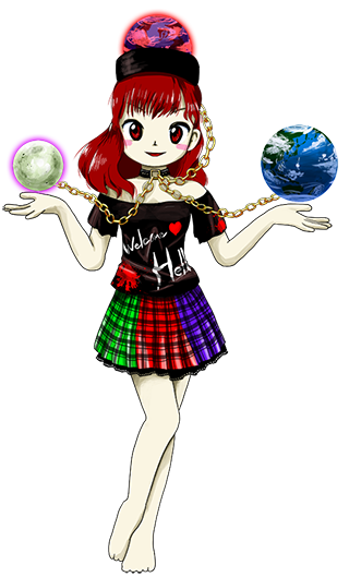 1girl bare_legs barefoot black_shirt blush_stickers collar earth_(ornament) english gold_chain hat hecatia_lapislazuli lace-trimmed_skirt legacy_of_lunatic_kingdom levitation looking_at_viewer moon_(ornament) multicolored_skirt official_art oota_jun'ya open_mouth punkish_gothic red_eyes redhead shirt short_sleeves smile solo touhou transparent_background