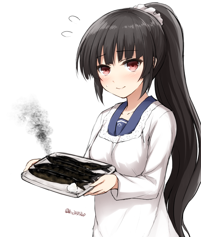 1girl alternate_hairstyle bangs black_hair breasts burn don_(29219) fish flying_sweatdrops food hair_ornament high_ponytail isokaze_(kantai_collection) kantai_collection long_hair looking_at_viewer ponytail red_eyes scrunchie simple_background smile solo twitter_username white_background