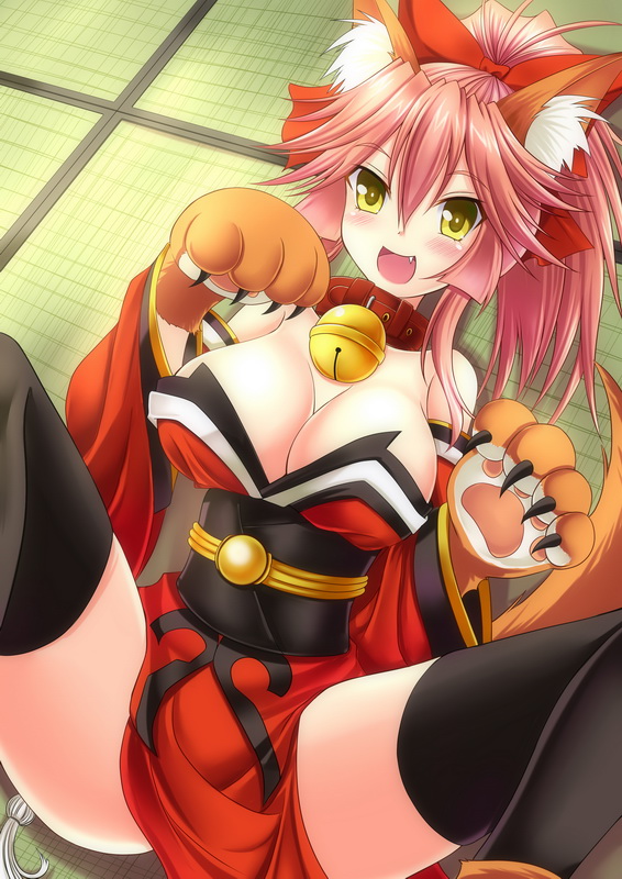 1girl animal_ears bell bell_collar black_legwear breasts cleavage cless_(tamaota) collar detached_sleeves fang fate/grand_order fate_(series) fox_ears fox_tail hair_ribbon japanese_clothes large_breasts looking_at_viewer lying open_mouth pink_hair ribbon solo spread_legs tail tamamo_cat_(fate/grand_order) thigh-highs yellow_eyes