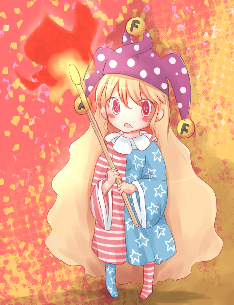 1girl @_@ american_flag_legwear american_flag_shirt bangs blonde_hair blush_stickers child clownpiece ears flame hat jester_cap long_hair long_sleeves matchstick multicolored_background open_mouth satorichan solo tanabata touhou very_long_hair wide_sleeves younger