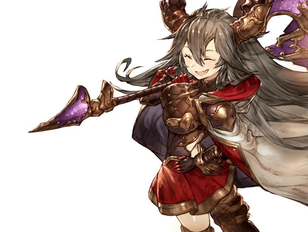 1girl :d bangs benitama breasts cape fang granblue_fantasy grey_hair hair_between_eyes hand_on_hip horns huge_weapon large_breasts long_hair open_mouth over_shoulder sarasa_(granblue_fantasy) simple_background smile solo weapon weapon_over_shoulder white_background