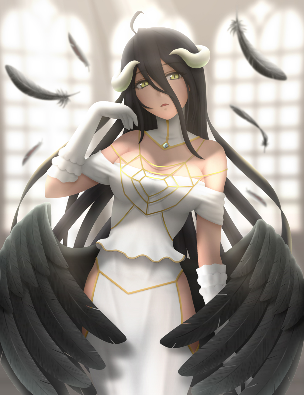 1girl albedo bare_shoulders bird_wings black_hair black_wings breasts demon_horns dress elbow_gloves feathers gloves highres hip_vent horns long_hair looking_at_viewer overlord_(maruyama) siraha solo very_long_hair white_dress white_gloves wings yellow_eyes