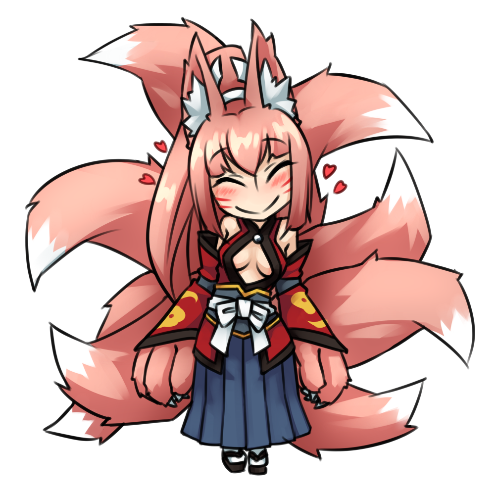 1girl animal_ears blush center_opening chibi claws closed_eyes detached_sleeves facial_mark fox_ears fox_tail heart long_hair mon-musu_quest! monorus multiple_tails paws pink_hair ponytail simple_background smile solo tail white_background yao_(mon-musu_quest!)