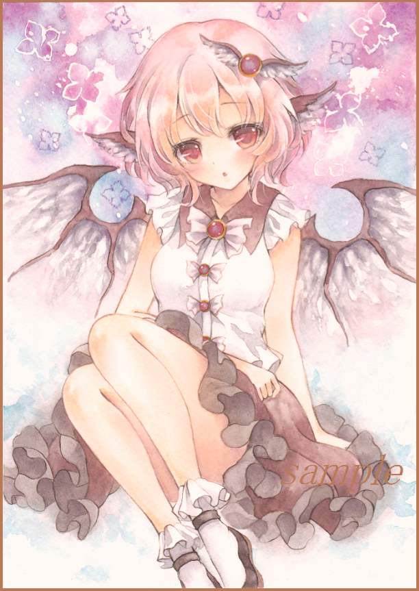 1girl :o adapted_costume ankle_socks bird_wings border bowtie colored_pencil_(medium) frilled_legwear gradient gradient_background hair_ornament looking_at_viewer marker_(medium) multicolored_background mystia_lorelei no_hat pink_eyes pink_hair potto_(minntochan) sample shirt short_hair sitting skirt sleeveless sleeveless_shirt solo touhou traditional_media watercolor_(medium) wings
