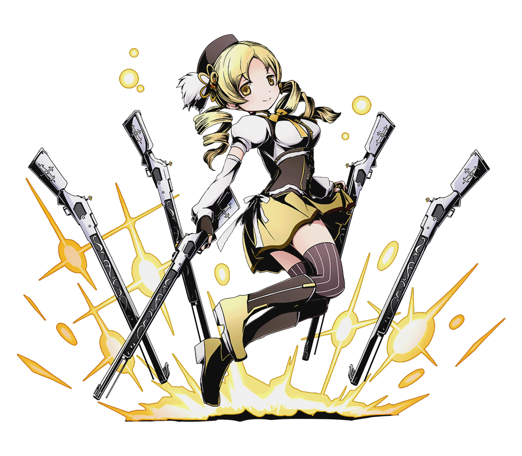 1girl beret blonde_hair boots brown_legwear corset detached_sleeves divine_gate drill_hair feather_beret fingerless_gloves gloves gun hair_ornament hairpin hat magical_girl magical_musket mahou_shoujo_madoka_magica musket official_art pleated_skirt puffy_sleeves rifle skirt skirt_lift smile solo striped striped_legwear thigh-highs tomoe_mami transparent_background twin_drills twintails vertical-striped_legwear vertical_stripes weapon yellow_eyes