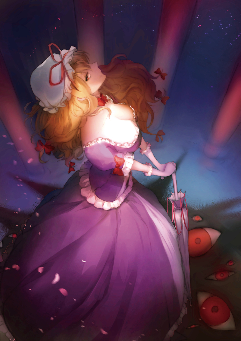 1girl blonde_hair bow breasts cleavage closed_umbrella dark dress elbow_gloves escente floating_hair from_above gap gloves hair_bow hat hat_ribbon large_breasts light long_hair looking_at_viewer mob_cap petals pillar purple_dress red_eyes ribbon short_sleeves sky solo star_(sky) starry_sky touhou umbrella white_gloves wind yakumo_yukari