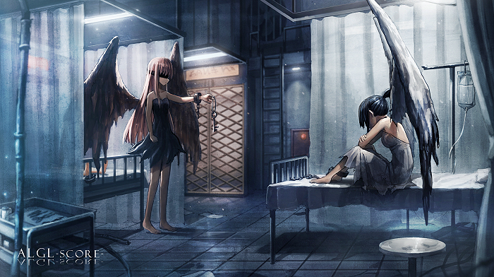 2girls bands bare_shoulders barefoot bed blindfold cuffs dress feathered_wings hospital hospital_bed intravenous_drip key long_hair multiple_girls original ponytail shackles sitting standing toi_(number8) wings