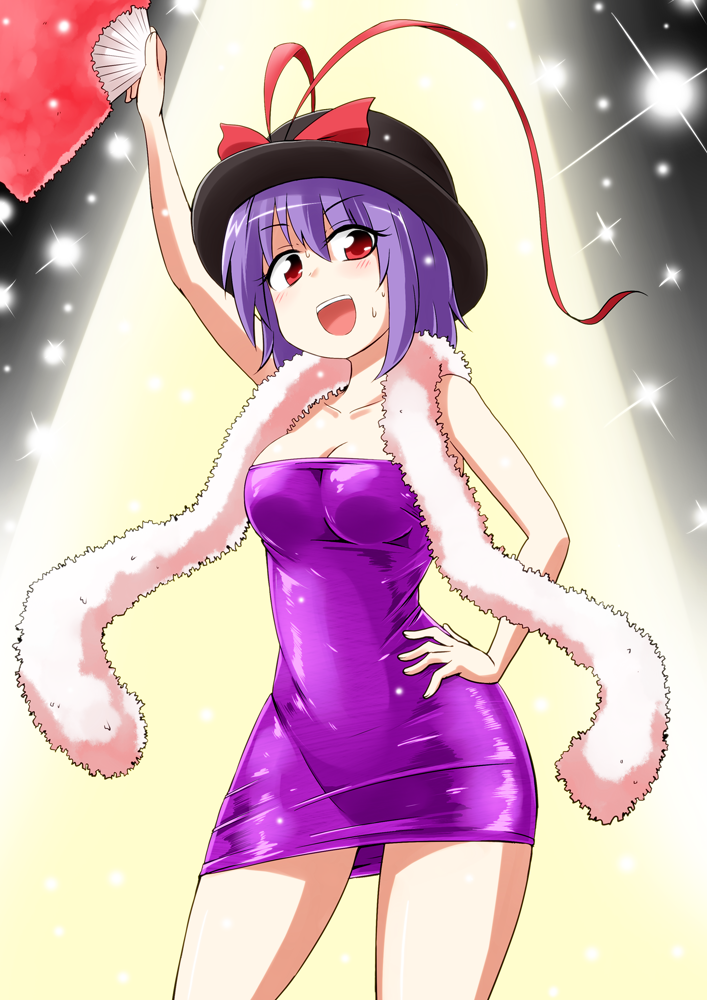 1girl arm_up bare_arms breasts cleavage collarbone dress fan hand_on_hip hat hat_ribbon kousei_(public_planet) looking_at_viewer nagae_iku open_mouth purple_dress purple_hair red_eyes ribbon saturday_night_fever shawl short_dress smile solo stage_lights strapless_dress touhou