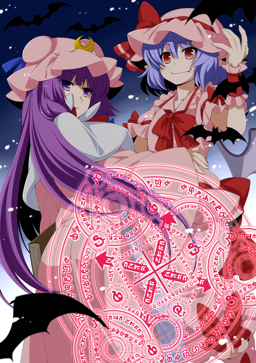 2girls bat bat_wings blue_hair capelet coat crescent dress eichi_yuu fang hat hat_ribbon highres long_hair long_sleeves looking_at_viewer magic_circle mob_cap multiple_girls open_clothes open_coat patchouli_knowledge pink_dress puffy_short_sleeves puffy_sleeves purple_hair red_eyes remilia_scarlet ribbon short_sleeves smile touhou very_long_hair wide_sleeves wings wrist_cuffs