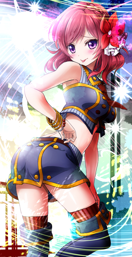 1girl :p bare_shoulders bracelet flower from_behind hair_flower hair_ornament hand_on_hip hand_on_thigh jewelry kneehighs looking_at_viewer looking_back love_live!_school_idol_festival love_live!_school_idol_project midriff miniskirt nishikino_maki redhead skirt solo striped striped_legwear tongue tongue_out vertical-striped_legwear vertical_stripes violet_eyes yyo