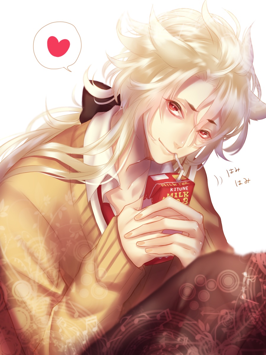 1boy beamed_semiquavers crotchet drinking drinking_straw heart highres kogitsunemaru long_hair looking_at_viewer male_focus musical_note necktie nipponia_nippon quaver red_eyes red_necktie romaji smile solo speech_bubble spoken_heart sweater touken_ranbu white_background