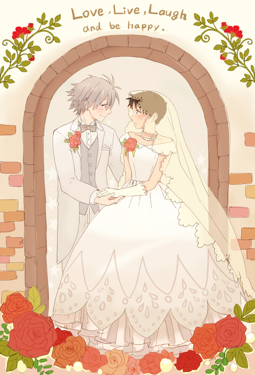 dress husband_and_husband ikari_shinji nagisa_kaworu neon_genesis_evangelion tagme wedding_dress yaoi