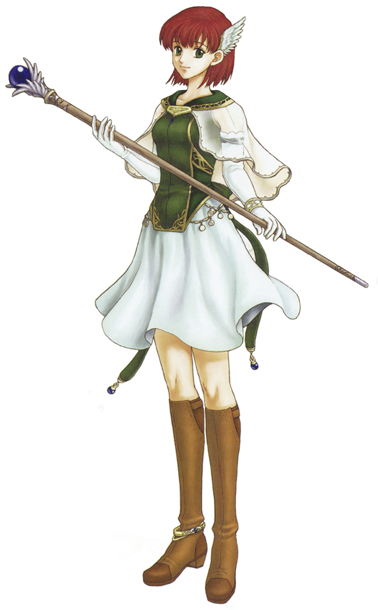 1girl anklet bangs boots bracelet brown_boots brown_footwear brown_hair closed_mouth elbow_gloves female fire_emblem fire_emblem:_rekka_no_ken full_body gloves green_eyes head_wings highres holding holding_staff holding_weapon izuka_daisuke jewelry knee_boots looking_at_viewer official_art priscilla_(fire_emblem) short_hair simple_background skirt smile solo staff standing white_background white_gloves